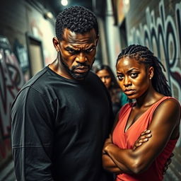 A charged scene highlighting an angry black couple at the forefront, their expressions reflecting frustration and tension