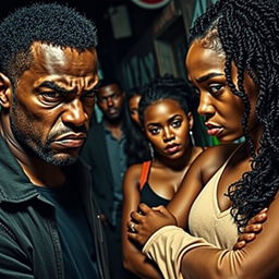A charged scene highlighting an angry black couple at the forefront, their expressions reflecting frustration and tension