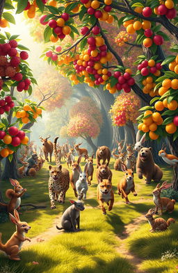 A vibrant scene depicting the great animal race occurring in a majestic forest filled with lush, colorful fruit trees