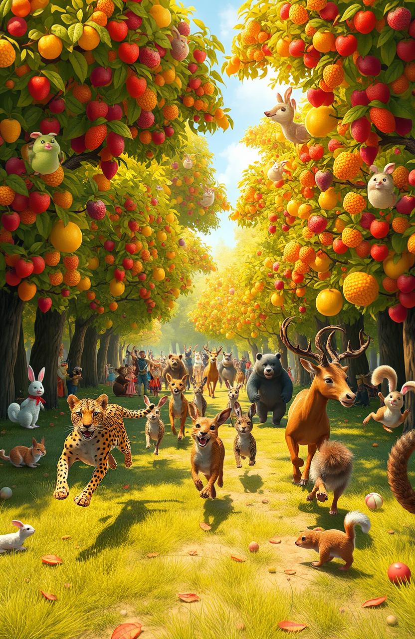 A vibrant scene depicting the great animal race occurring in a majestic forest filled with lush, colorful fruit trees