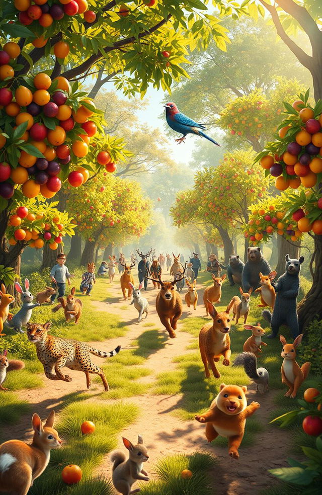 A vibrant scene depicting the great animal race occurring in a majestic forest filled with lush, colorful fruit trees