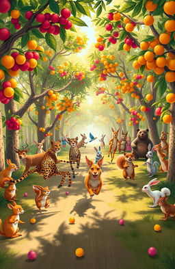 A vibrant scene depicting the great animal race occurring in a majestic forest filled with lush, colorful fruit trees
