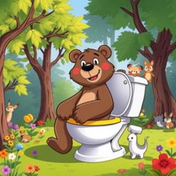A whimsical scene featuring a cartoon bear using a colorful, exaggeratedly large toilet in a bright, forest setting