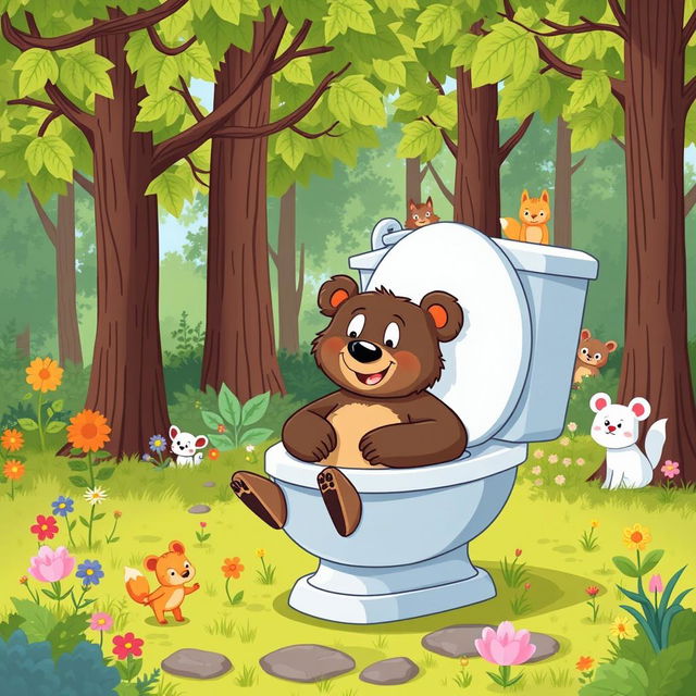 A whimsical scene featuring a cartoon bear using a colorful, exaggeratedly large toilet in a bright, forest setting