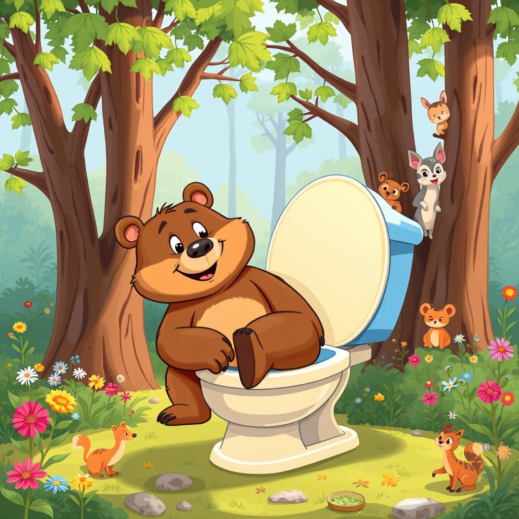 A whimsical scene featuring a cartoon bear using a colorful, exaggeratedly large toilet in a bright, forest setting