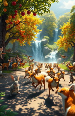 A thrilling animal race taking place in a majestic forest, featuring a diverse array of animals such as deer, rabbits, and foxes competing against each other