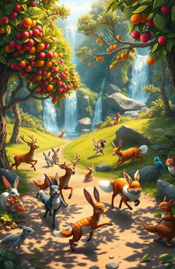 A thrilling animal race taking place in a majestic forest, featuring a diverse array of animals such as deer, rabbits, and foxes competing against each other