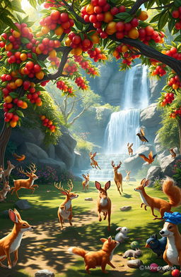 A thrilling animal race taking place in a majestic forest, featuring a diverse array of animals such as deer, rabbits, and foxes competing against each other