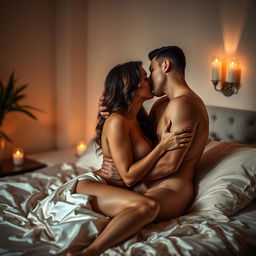 A sensual, intimate moment focusing on a couple sharing a passionate kiss in a softly lit room, the atmosphere is filled with romance and desire