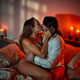 A sensual, intimate moment focusing on a couple sharing a passionate kiss in a softly lit room, the atmosphere is filled with romance and desire