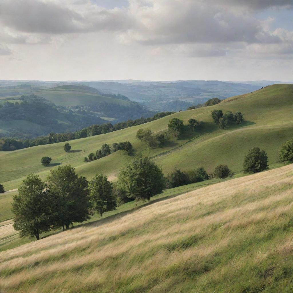 Create a detailed, realistic image showcasing the beauty of a hilly natural landscape.