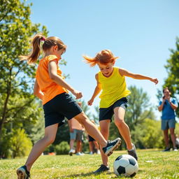 A dynamic scene capturing a girl energetically kicking a boy during a playful soccer game at a sunny park