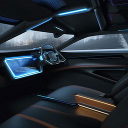 Inside the driver's cabin of a 4-door, state-of-the-art futuristic SUV packed with high-tech features and sleek design.