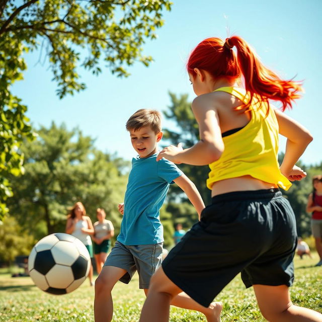 A dynamic scene capturing a girl energetically kicking a boy during a playful soccer game at a sunny park