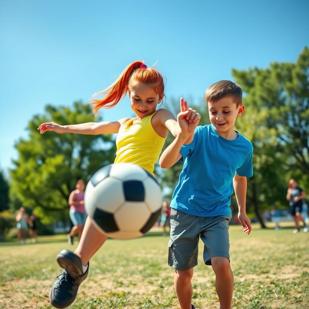 A dynamic scene capturing a girl energetically kicking a boy during a playful soccer game at a sunny park