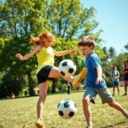 A dynamic scene capturing a girl energetically kicking a boy during a playful soccer game at a sunny park