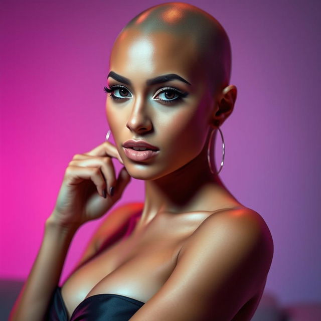 A sexy bald woman exuding confidence and allure, with smooth skin, bold makeup highlighting her features, and an elegant pose