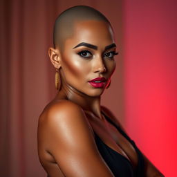A sexy bald woman exuding confidence and allure, with smooth skin, bold makeup highlighting her features, and an elegant pose