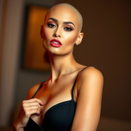 A sexy bald woman exuding confidence and allure, with smooth skin, bold makeup highlighting her features, and an elegant pose