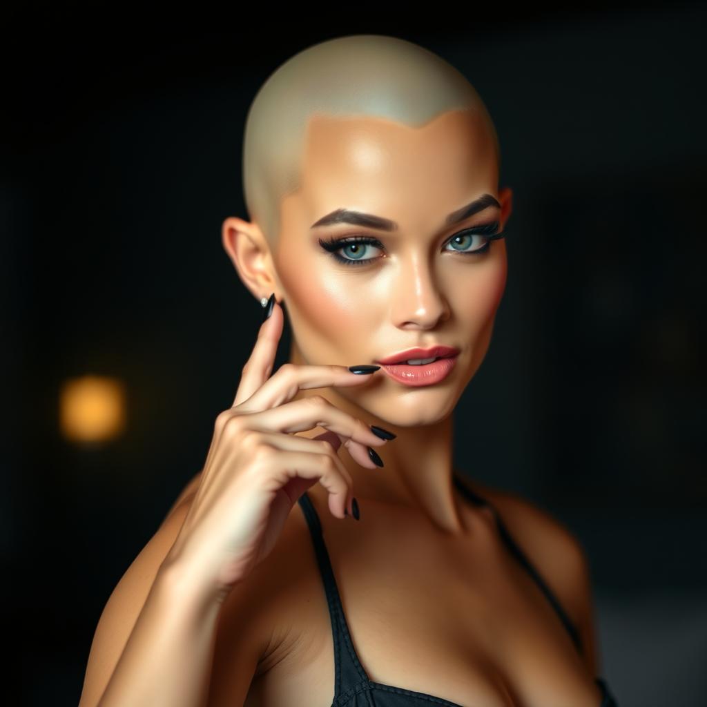 A sexy bald woman exuding confidence and allure, with smooth skin, bold makeup highlighting her features, and an elegant pose