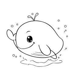 A cute whale illustrated in a charming Disney Pixar style, featuring a friendly expression and playful elements such as splashes of water around it