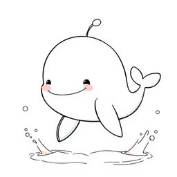 A cute whale illustrated in a charming Disney Pixar style, featuring a friendly expression and playful elements such as splashes of water around it