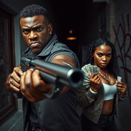 A dramatic scene focusing on an angry black couple, with the male figure in the foreground, holding a vintage gun with a fierce expression, showcasing tension and power