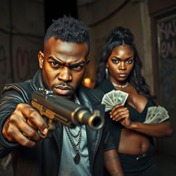 A dramatic scene focusing on an angry black couple, with the male figure in the foreground, holding a vintage gun with a fierce expression, showcasing tension and power