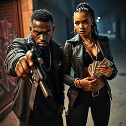 A dramatic scene focusing on an angry black couple, with the male figure in the foreground, holding a vintage gun with a fierce expression, showcasing tension and power