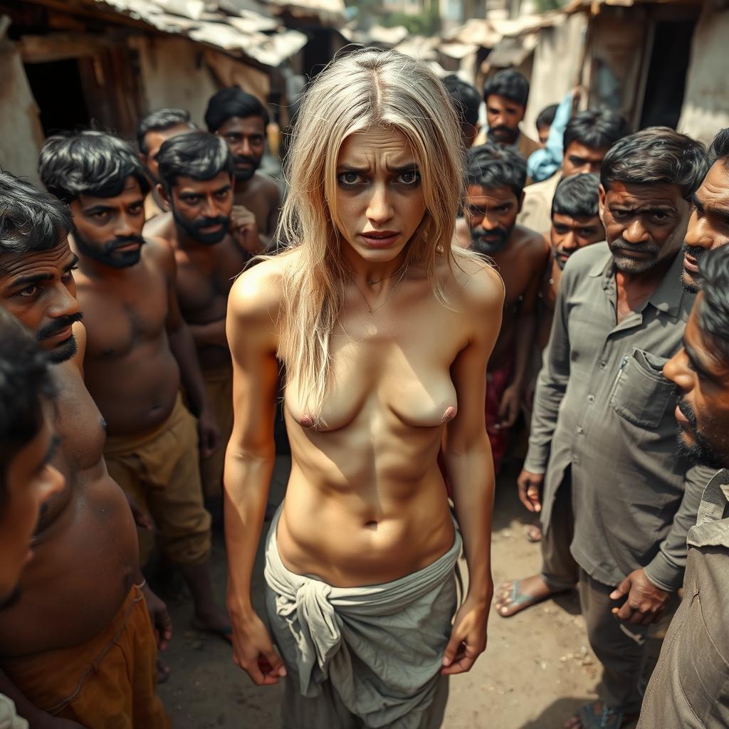 A terrified and sad blonde woman, completely nude, surrounded by a group of male individuals in an outdoor setting that resembles a cheap, dirty village in India