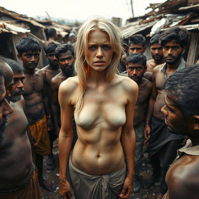 A terrified and sad blonde woman, completely nude, surrounded by a group of male individuals in an outdoor setting that resembles a cheap, dirty village in India