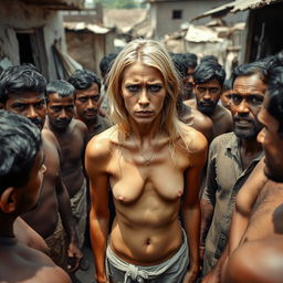 A terrified and sad blonde woman, completely nude, surrounded by a group of male individuals in an outdoor setting that resembles a cheap, dirty village in India