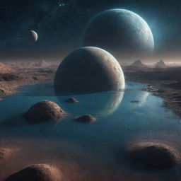 A starry planet with numerous curves and lagoons, on its surface an exploring alien spaceship.