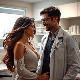 A sensual scene in a clinical setting featuring a confident woman and a professional doctor
