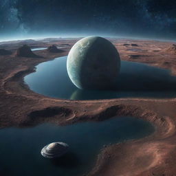 A starry planet with numerous curves and lagoons, on its surface an exploring alien spaceship.