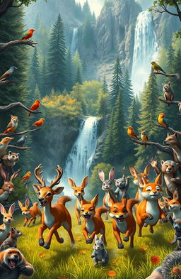 A vivid scene depicting a great animal race happening in a majestic forest