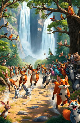 A vivid scene depicting a great animal race happening in a majestic forest