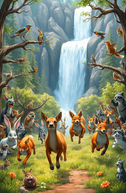 A vivid scene depicting a great animal race happening in a majestic forest