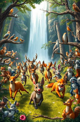 A vivid scene depicting a great animal race happening in a majestic forest