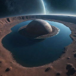 A starry planet with numerous curves and lagoons, on its surface an exploring alien spaceship.