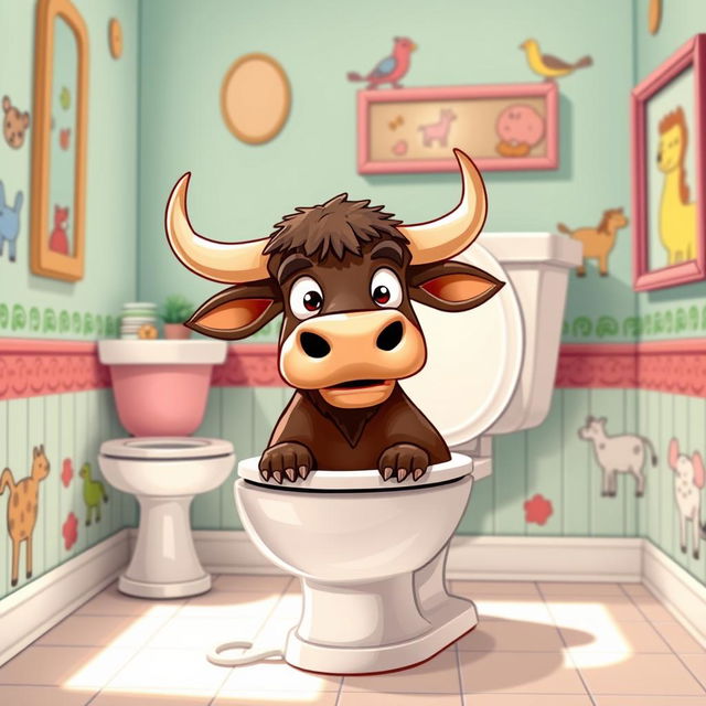 A quirky and humorous illustration of a bull in a traditional toilet setting