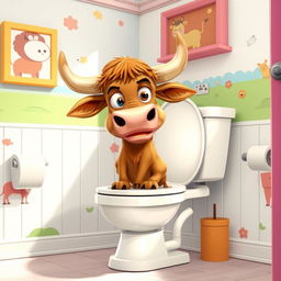 A quirky and humorous illustration of a bull in a traditional toilet setting