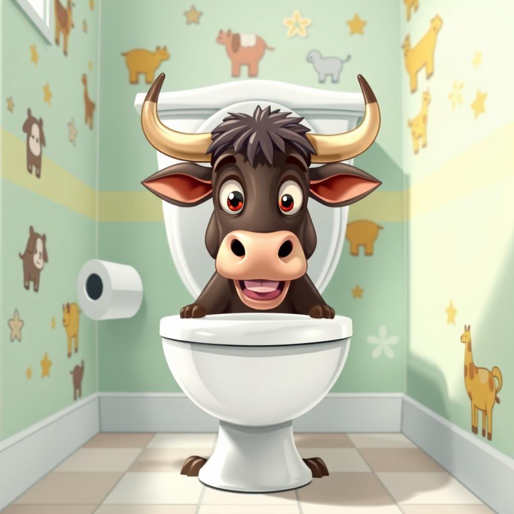 A quirky and humorous illustration of a bull in a traditional toilet setting