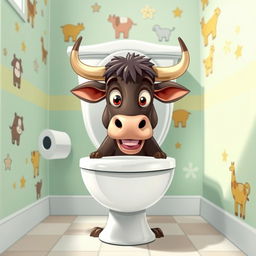 A quirky and humorous illustration of a bull in a traditional toilet setting