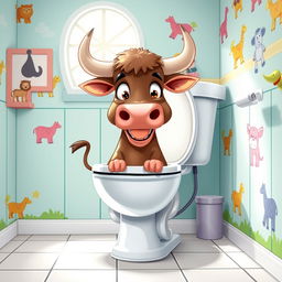 A quirky and humorous illustration of a bull in a traditional toilet setting