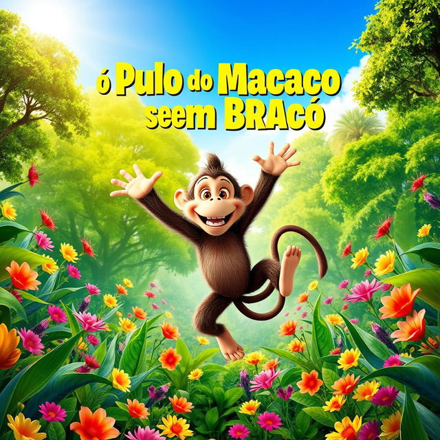 A vibrant and dynamic movie poster for a fictional film titled 'O Pulo do Macaco sem Braço'