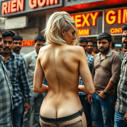 A terrified blonde woman with big breasts, showcasing her nude backside, surrounded by a male Indian crowd outside a cheap gym