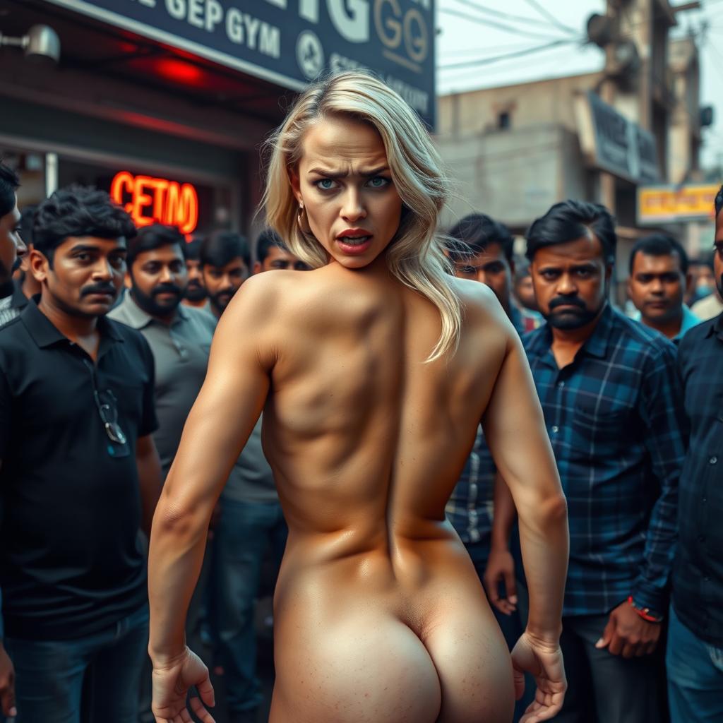 A terrified blonde woman with big breasts, showcasing her nude backside, surrounded by a male Indian crowd outside a cheap gym