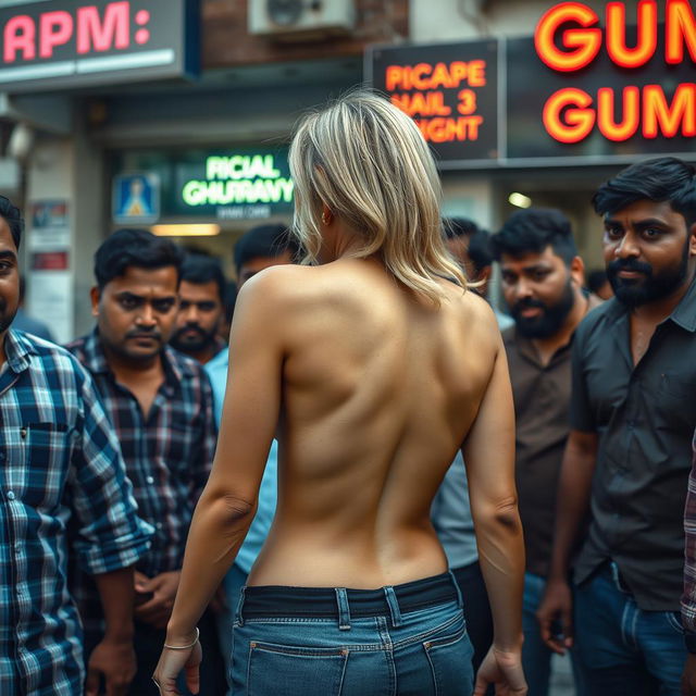 A terrified blonde woman with big breasts, showcasing her nude backside, surrounded by a male Indian crowd outside a cheap gym