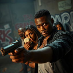 An intense atmosphere focusing on a black couple in the foreground, with the male figure holding a vintage gun, his expression fierce and confrontational
